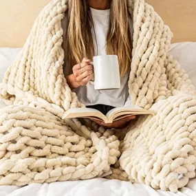 - Chunky Knit Blanket - King Size Weighted Blanket Cozy Soft Throw Blanket/Boho Decor - Buttercream, 50x70