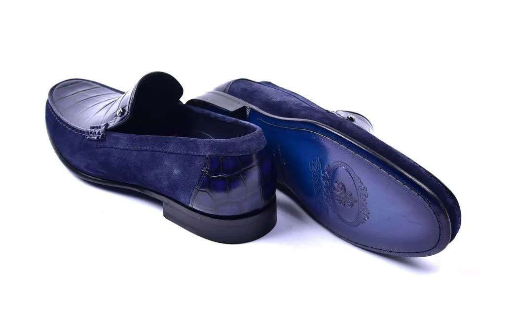 Corrente Crocodile Embossed Calfskin & Suede Loafer Navy