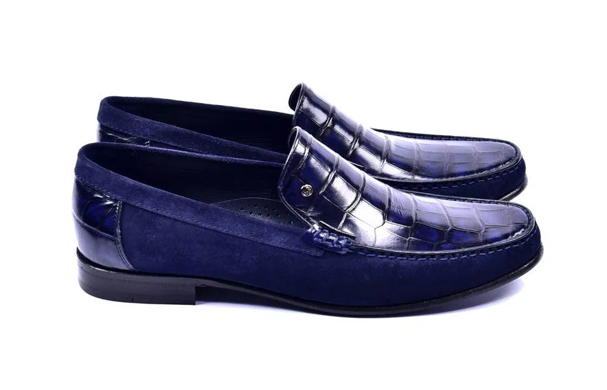 Corrente Crocodile Embossed Calfskin & Suede Loafer Navy