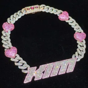 Custom Name Pink Heart Iced Out Cuban Link Chain