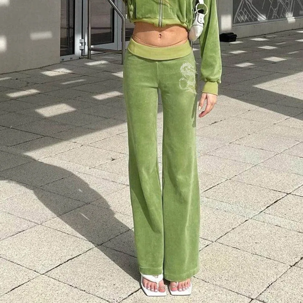 DressBetty - Wide Leg Pants Harajuku Green Women Dragon High Waist Rest Polyester Fairy Aesthetic Diamond Vintage Sweatpants Y2K Velvet