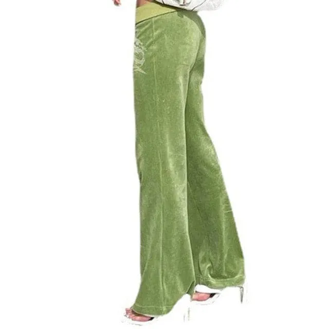 DressBetty - Wide Leg Pants Harajuku Green Women Dragon High Waist Rest Polyester Fairy Aesthetic Diamond Vintage Sweatpants Y2K Velvet