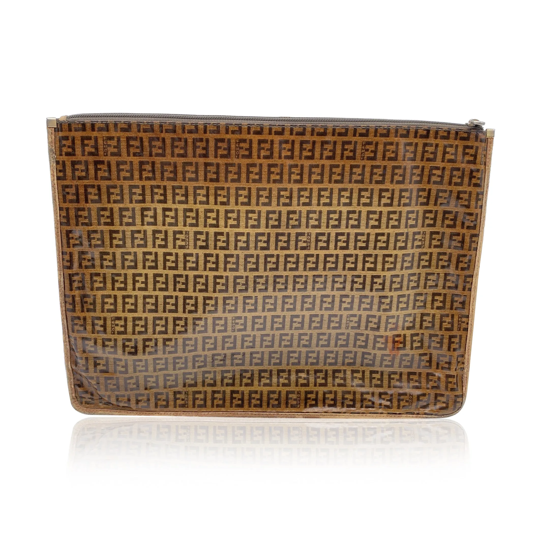 Fendi Vintage Brown Monogram Vinyl Canvas Portfolio Clutch Bag