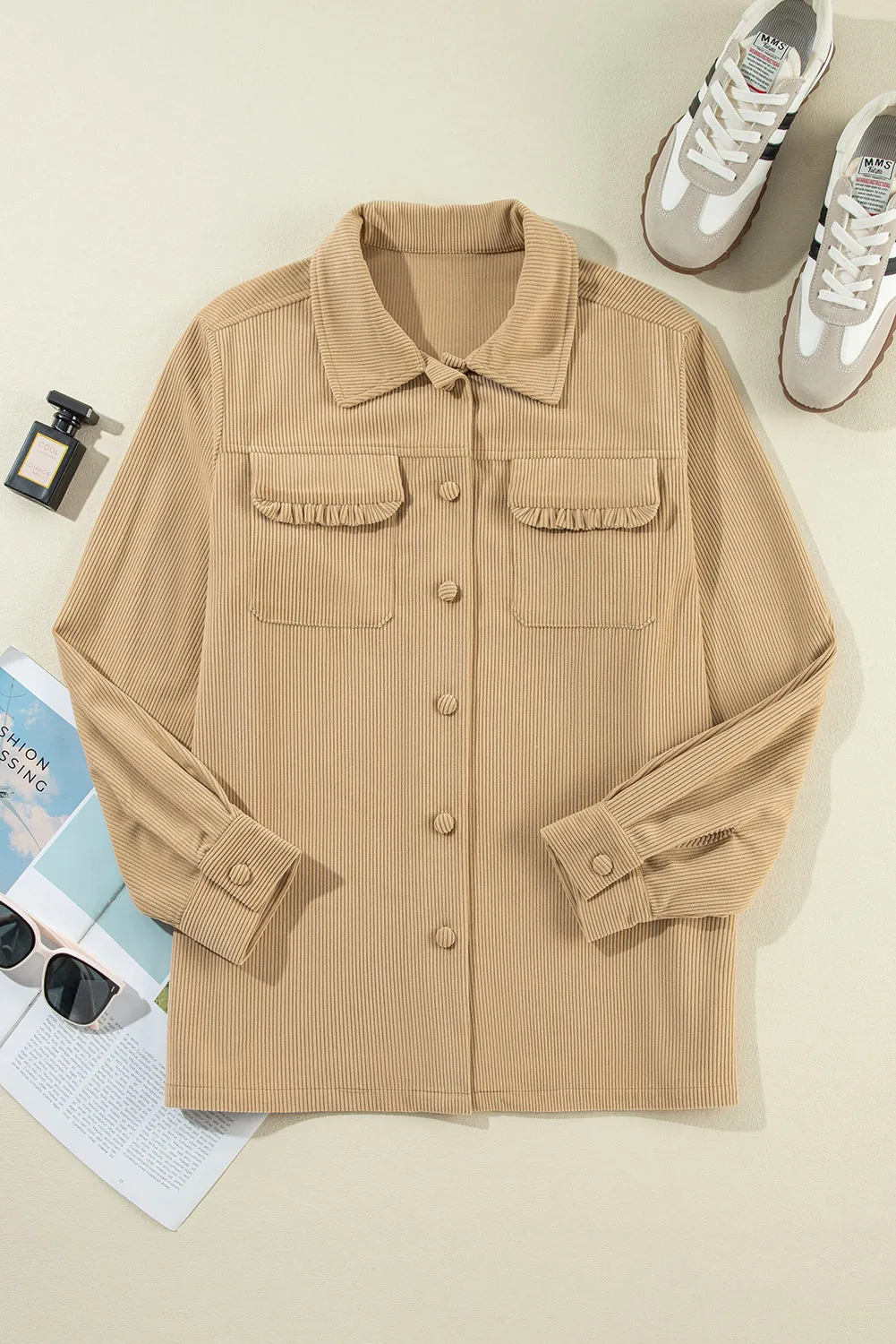 Frilled Flap Pocket Corduroy Shacket