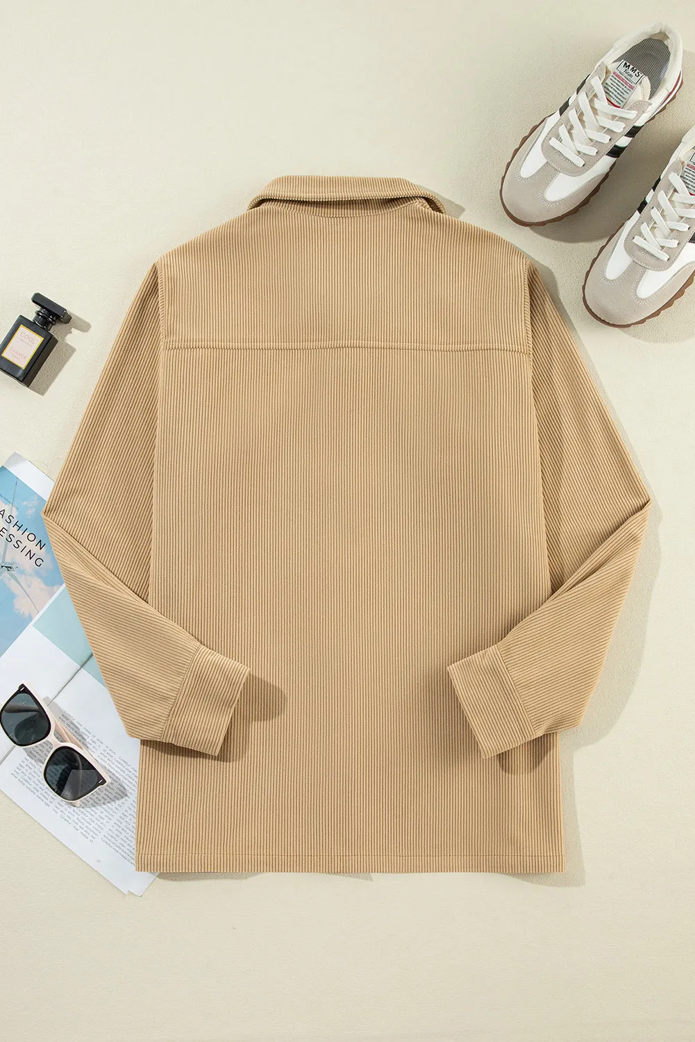 Frilled Flap Pocket Corduroy Shacket