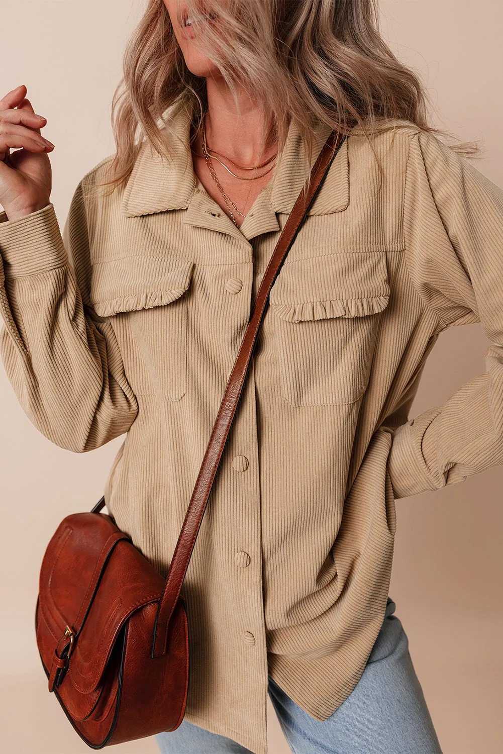 Frilled Flap Pocket Corduroy Shacket