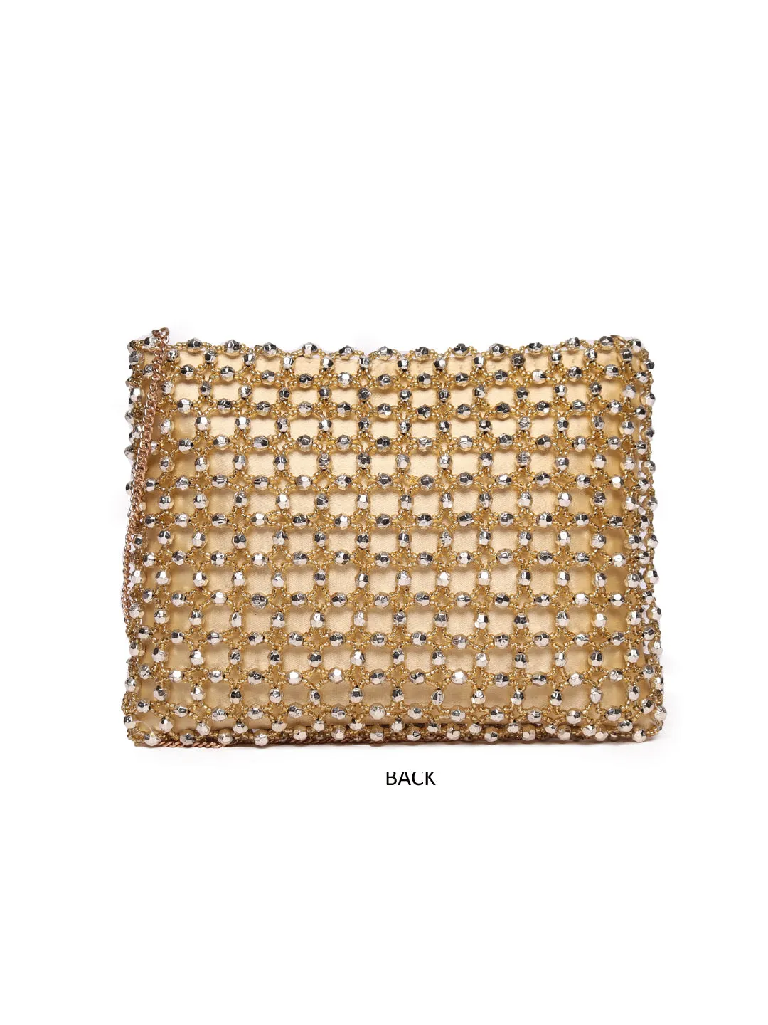 Golden Beaded Clutch With Metal Chain Strap