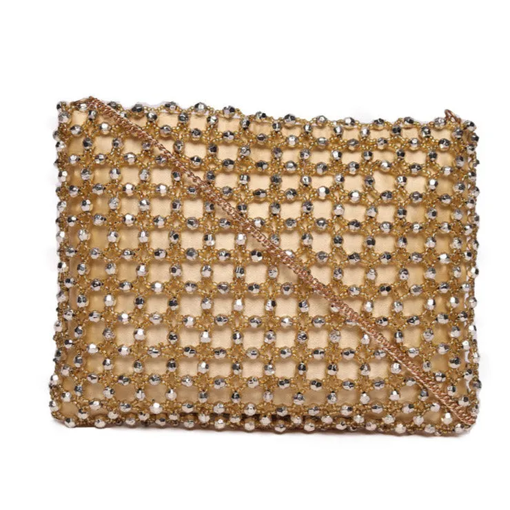 Golden Beaded Clutch With Metal Chain Strap