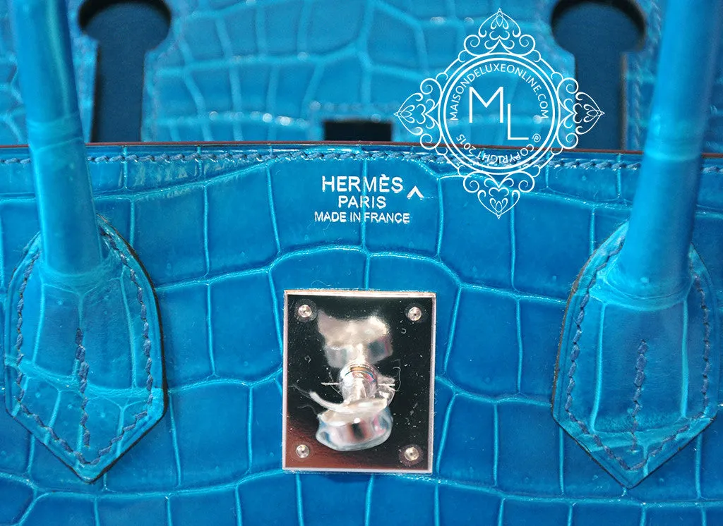 Hermes Blue Izmir Turquoise Porosus Crocodile Birkin 30 Bag