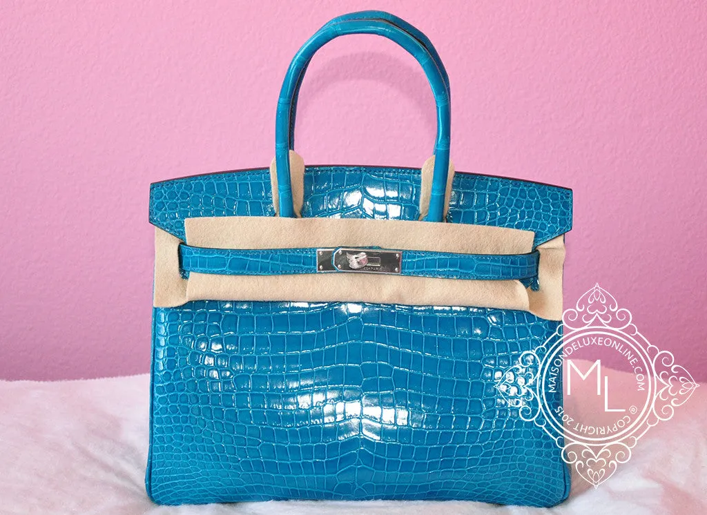 Hermes Blue Izmir Turquoise Porosus Crocodile Birkin 30 Bag