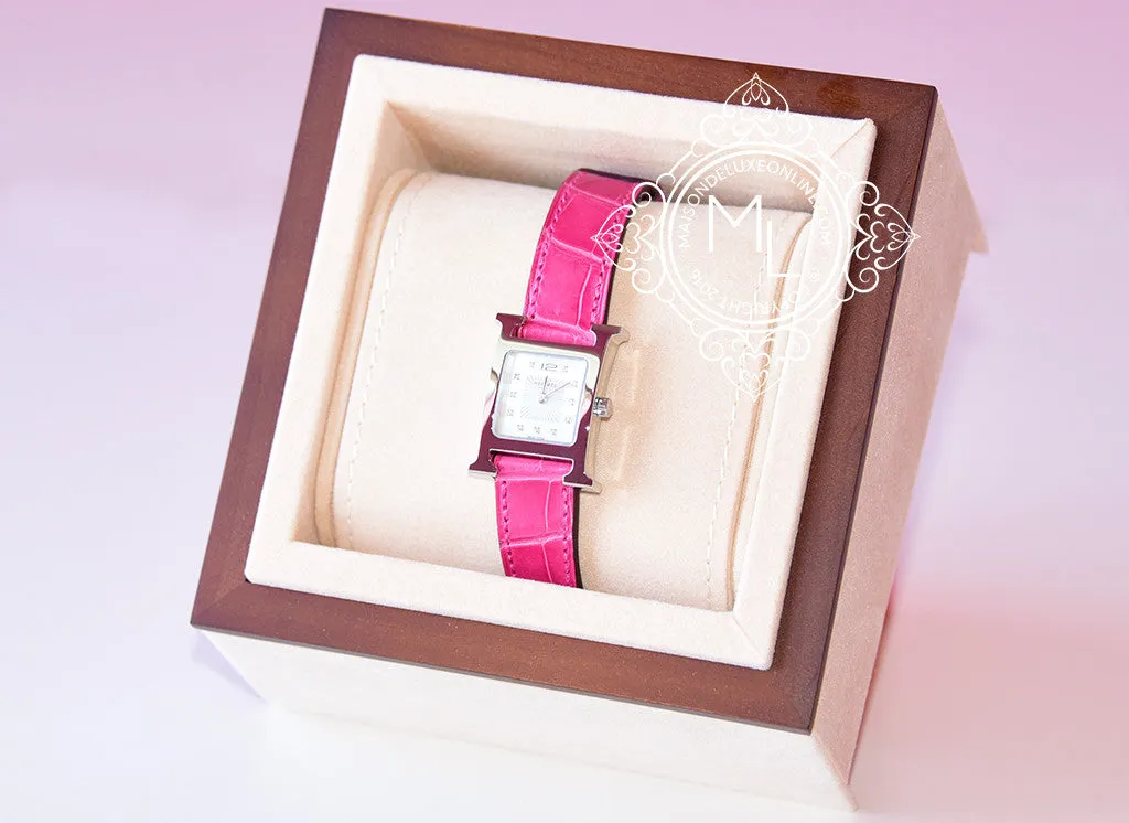 Hermes Diamond H Hour Watch PM Fuchsia Crocodile Strap