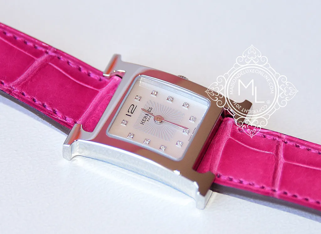 Hermes Diamond H Hour Watch PM Fuchsia Crocodile Strap