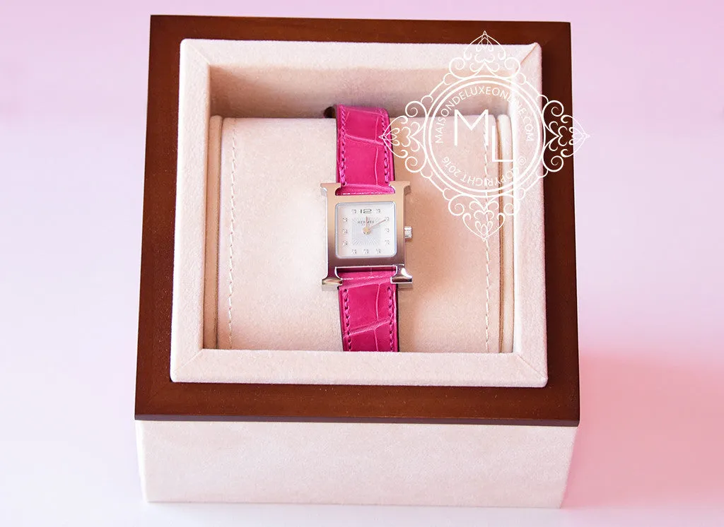 Hermes Diamond H Hour Watch PM Fuchsia Crocodile Strap