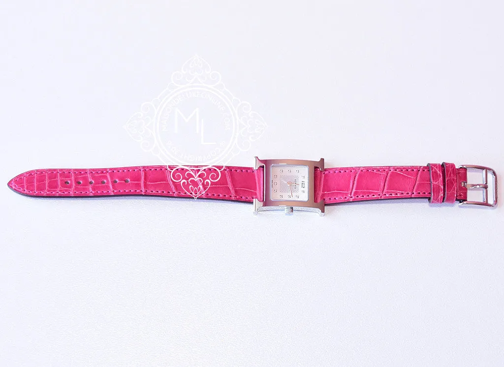 Hermes Diamond H Hour Watch PM Fuchsia Crocodile Strap