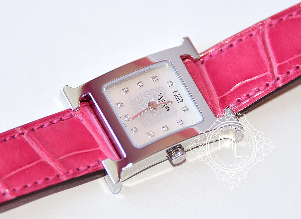 Hermes Diamond H Hour Watch PM Fuchsia Crocodile Strap