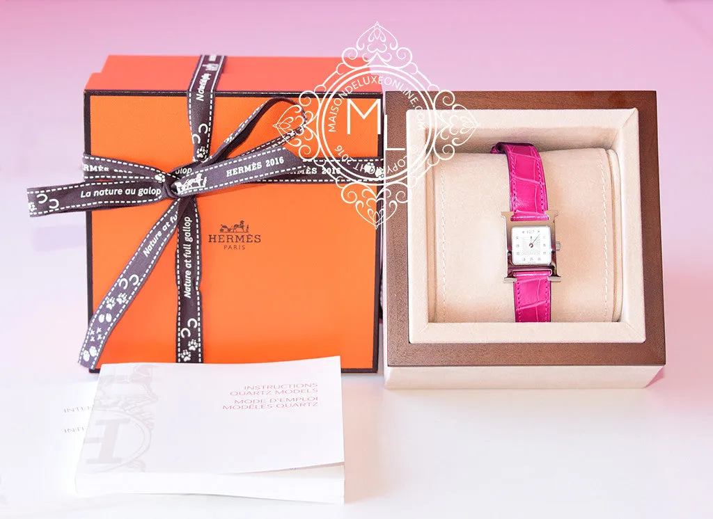 Hermes Diamond H Hour Watch PM Fuchsia Crocodile Strap