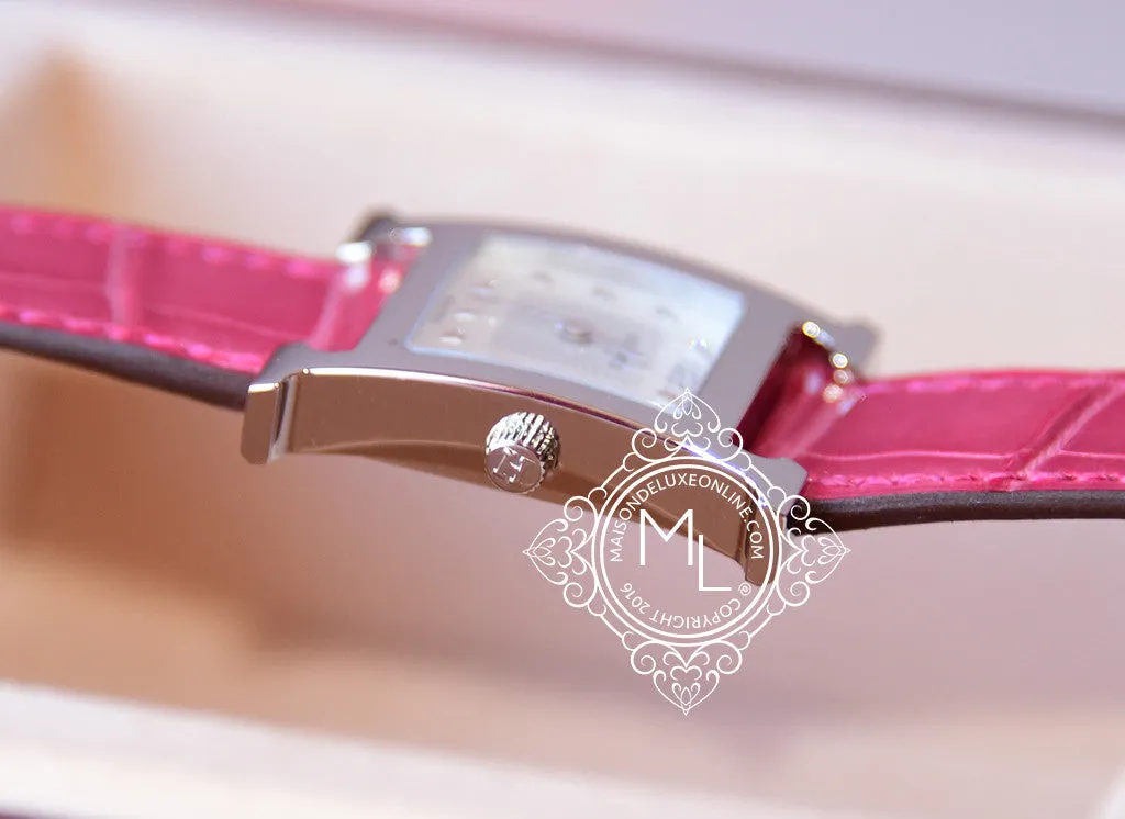 Hermes Diamond H Hour Watch PM Fuchsia Crocodile Strap