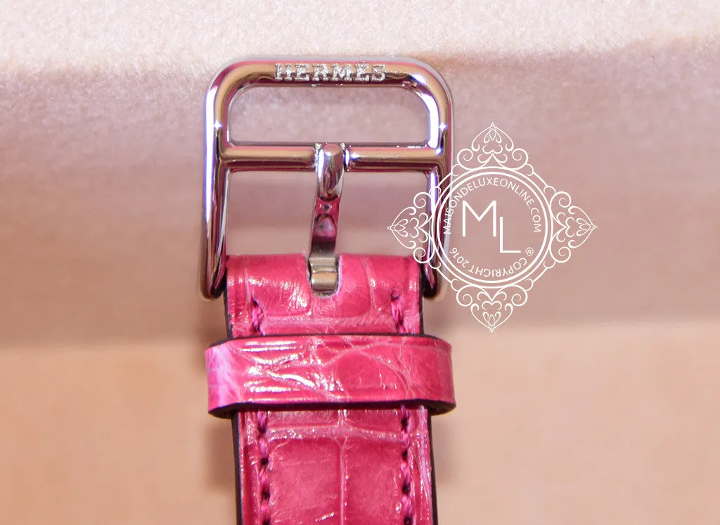 Hermes Diamond H Hour Watch PM Fuchsia Crocodile Strap