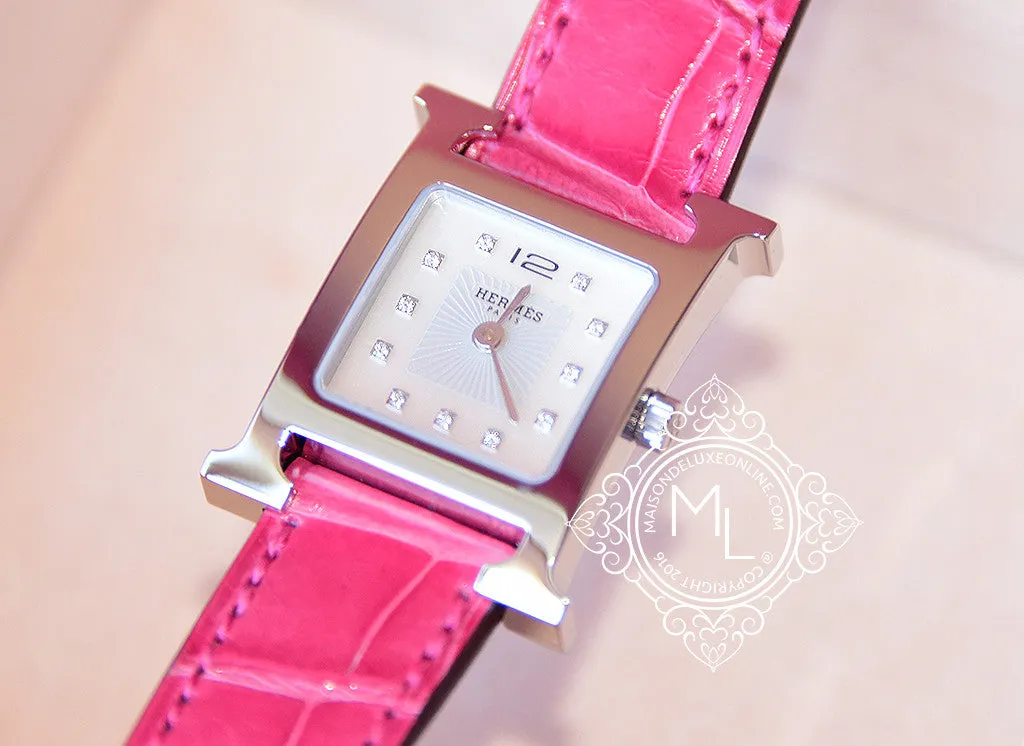 Hermes Diamond H Hour Watch PM Fuchsia Crocodile Strap