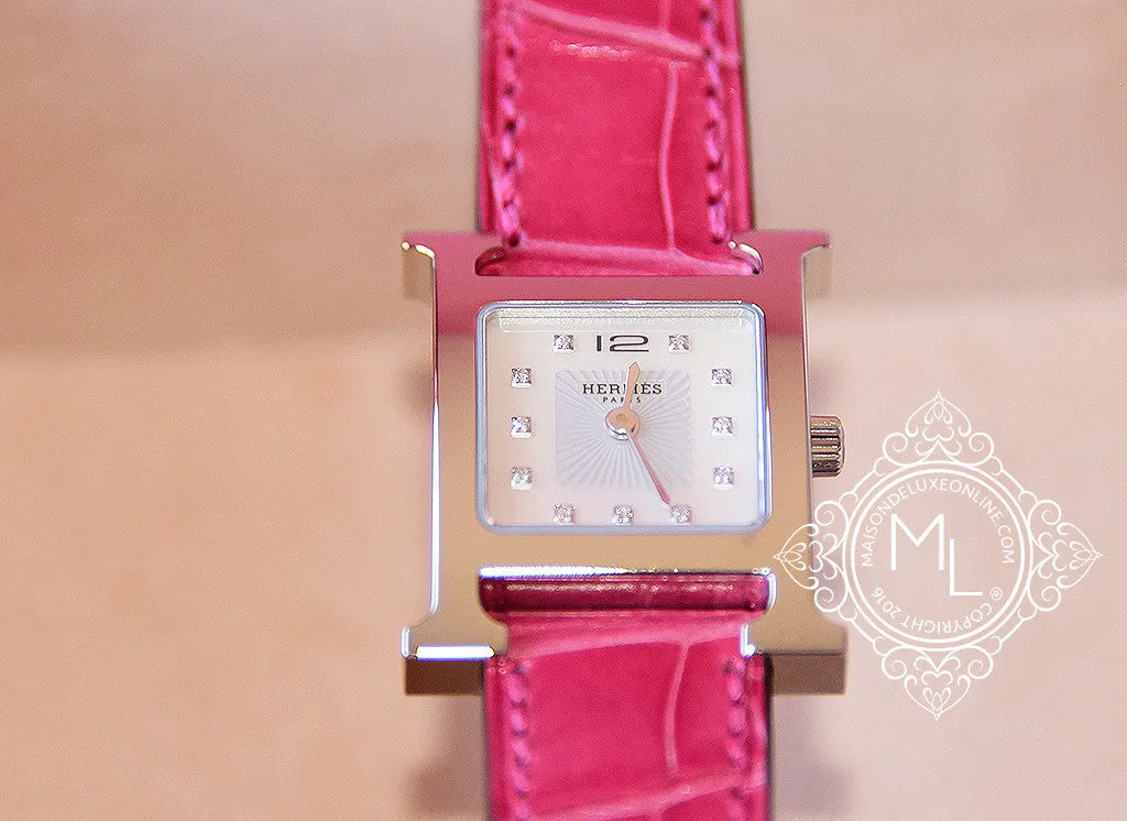 Hermes Diamond H Hour Watch PM Fuchsia Crocodile Strap