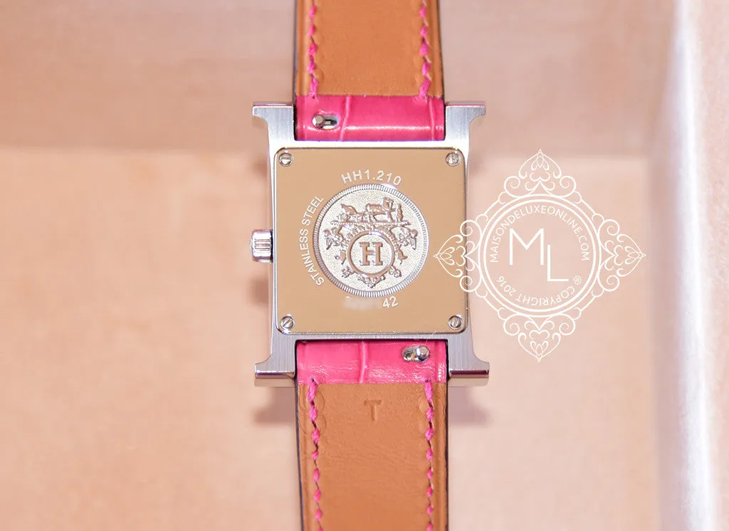 Hermes Diamond H Hour Watch PM Fuchsia Crocodile Strap