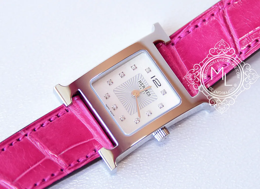 Hermes Diamond H Hour Watch PM Fuchsia Crocodile Strap