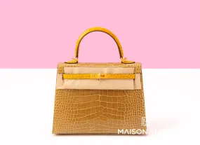 Hermes Kelly Sellier 25 Beige Sable & Jaune Ambre HSS Shiny Alligator