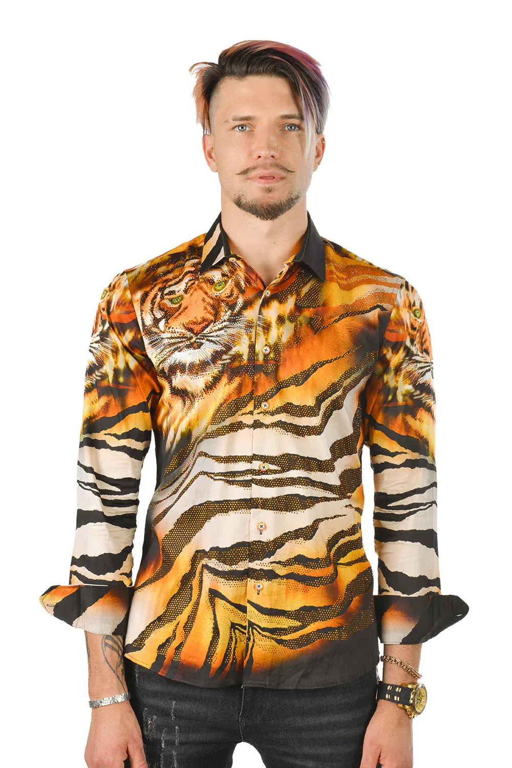 On the Prowl Barabas Men's Rhinestone Tiger & Tiger Scratch Shirt