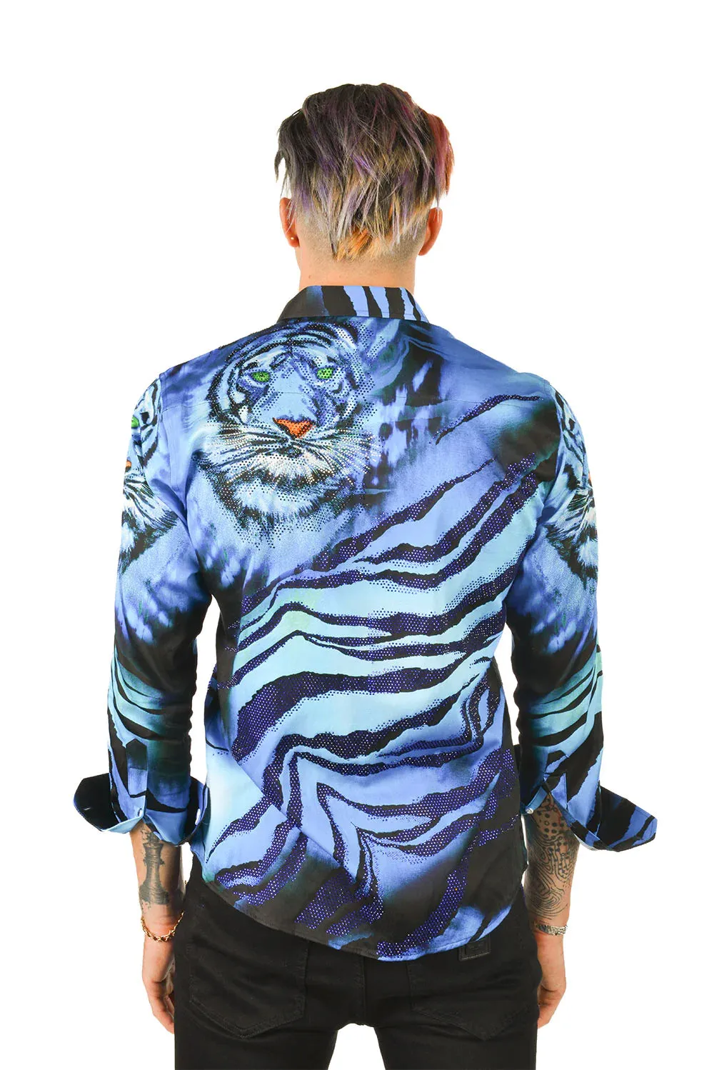 On the Prowl Barabas Men's Rhinestone Tiger & Tiger Scratch Shirt