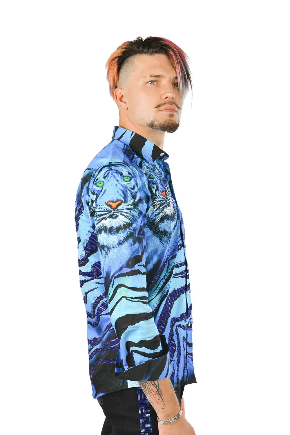 On the Prowl Barabas Men's Rhinestone Tiger & Tiger Scratch Shirt