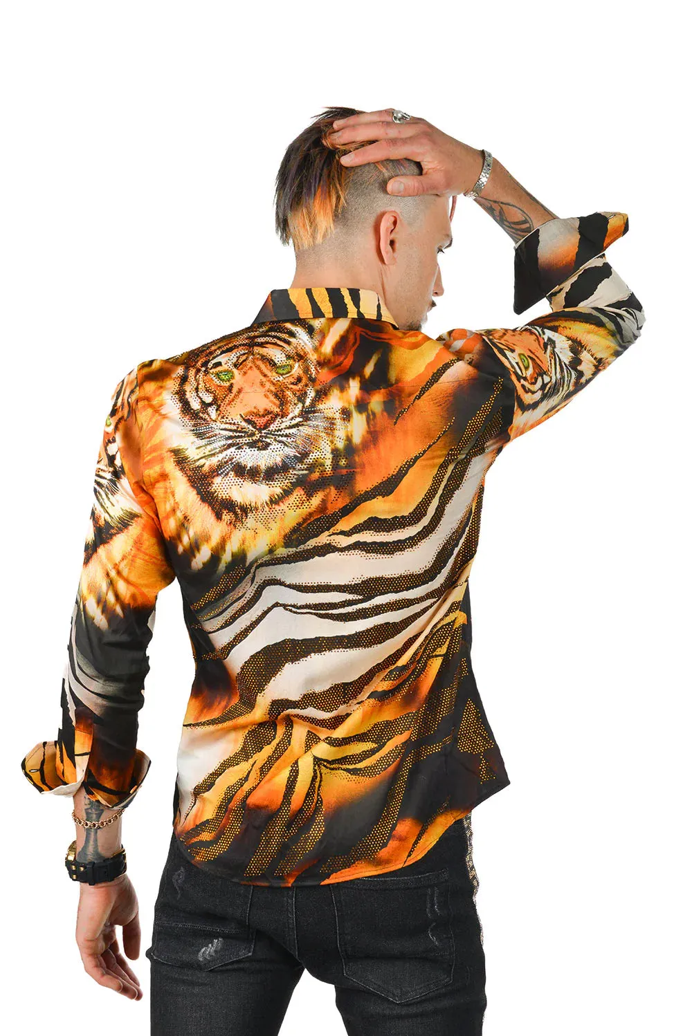 On the Prowl Barabas Men's Rhinestone Tiger & Tiger Scratch Shirt