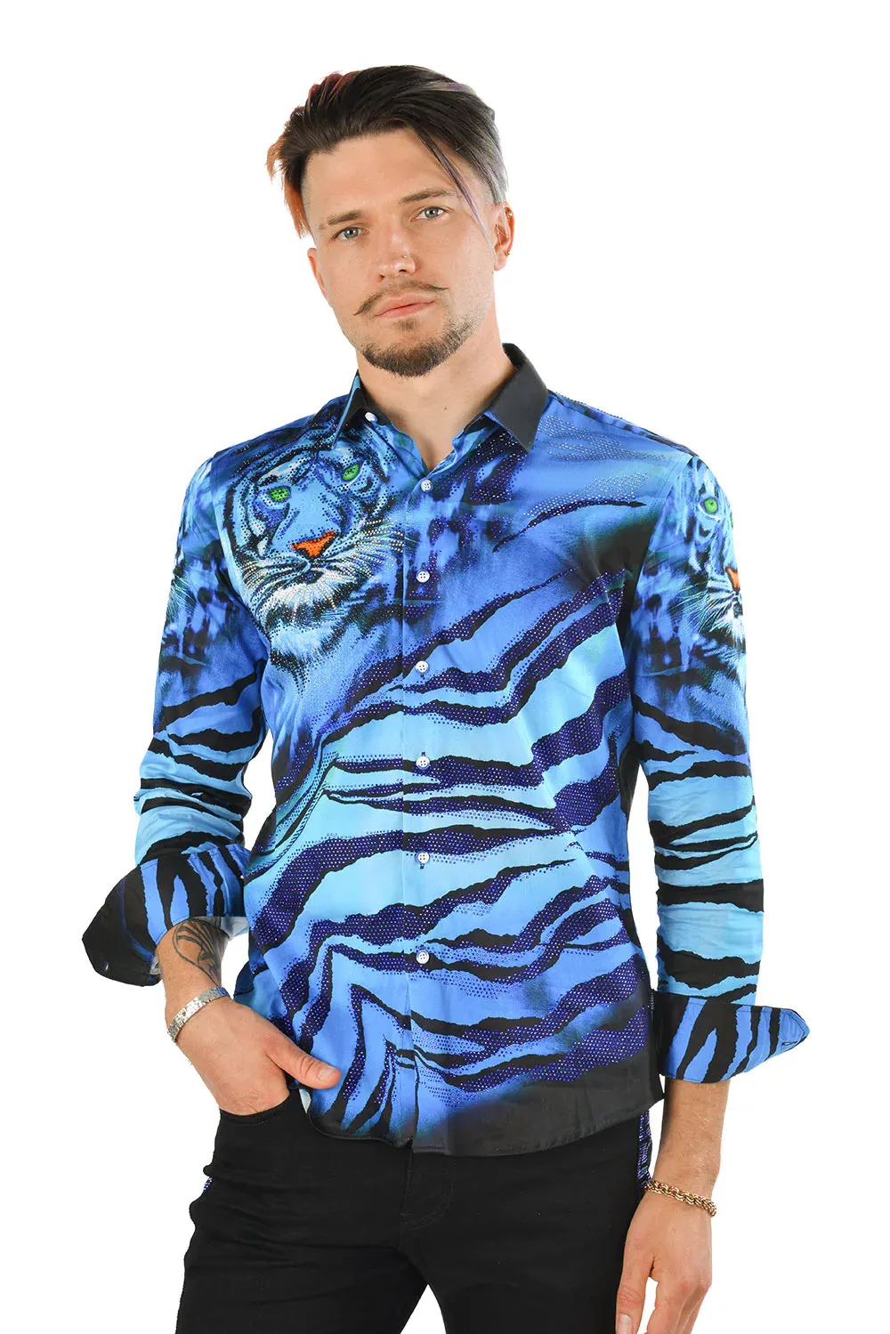 On the Prowl Barabas Men's Rhinestone Tiger & Tiger Scratch Shirt