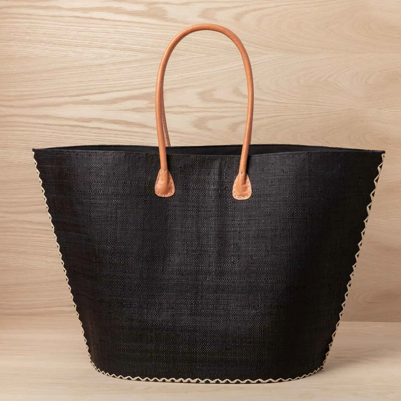 Raffia Black Tote with Leather Handle