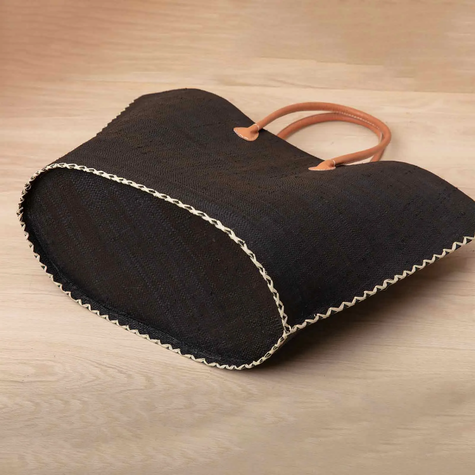 Raffia Black Tote with Leather Handle