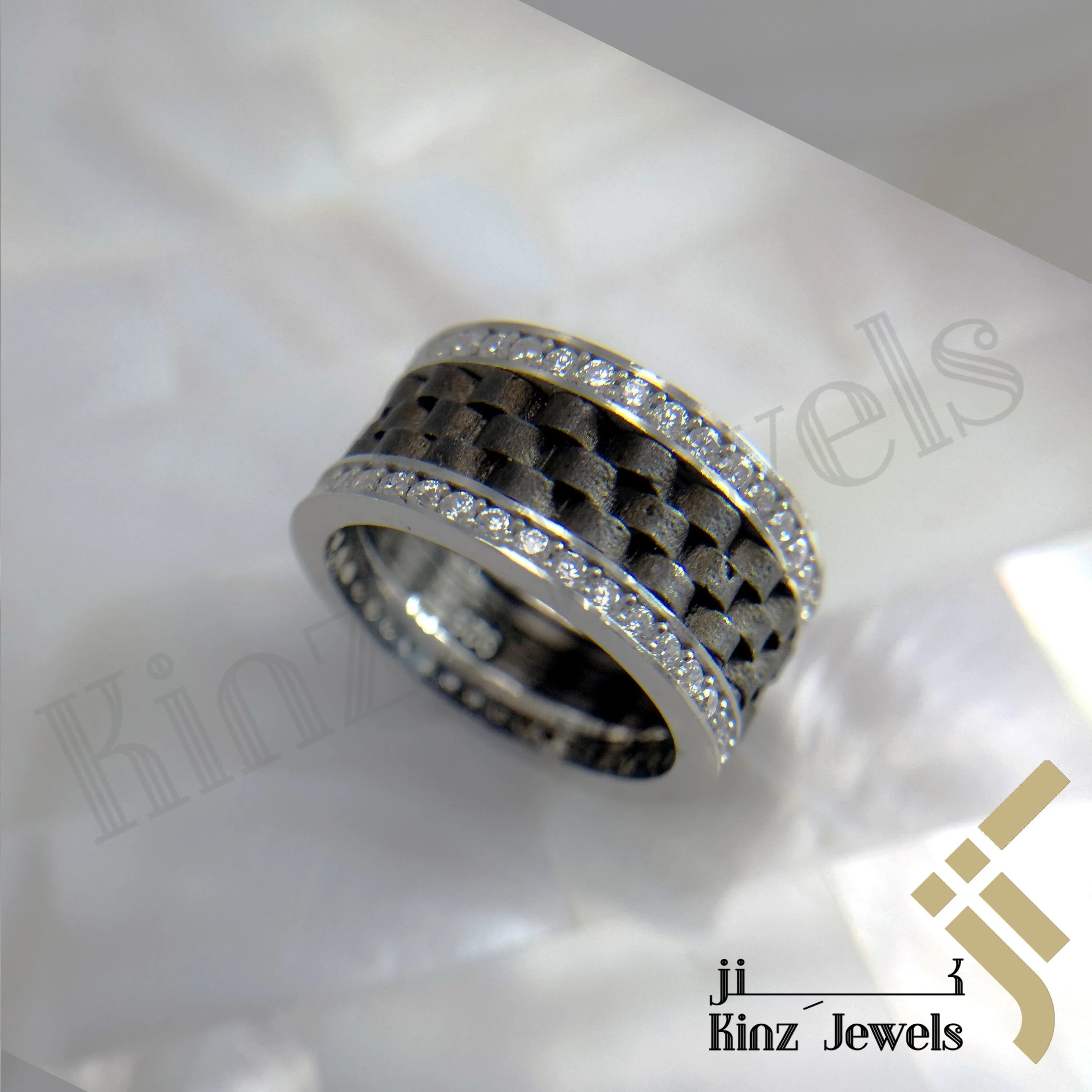 Silver Rhodium Vermeil Carbon Fiber Inspired With Zircon Frame Ring