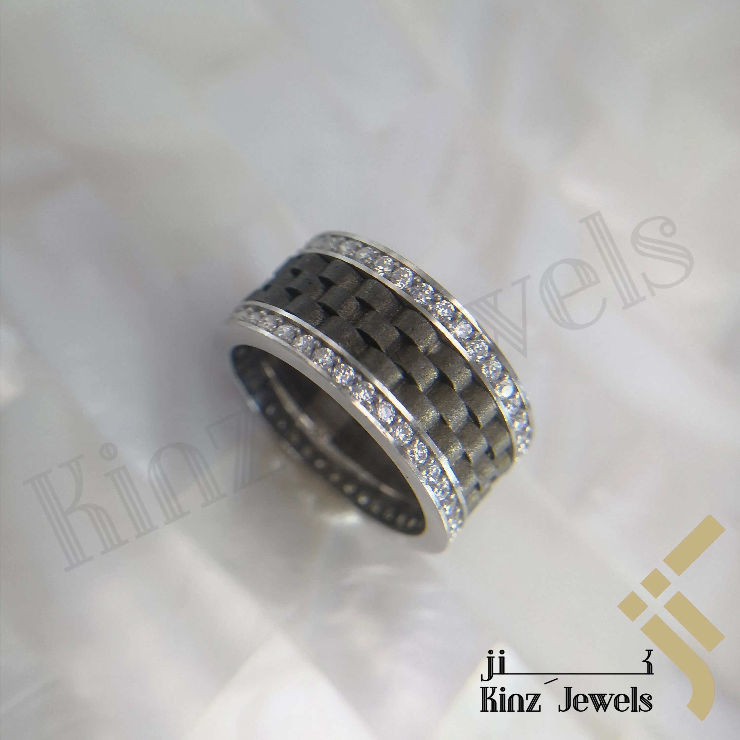 Silver Rhodium Vermeil Carbon Fiber Inspired With Zircon Frame Ring