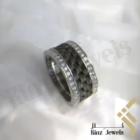 Silver Rhodium Vermeil Carbon Fiber Inspired With Zircon Frame Ring