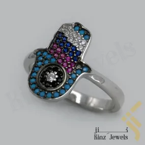 Sterling Silver Rhodium Vermeil Palm Hamsa Turquoise & Zircon Ring