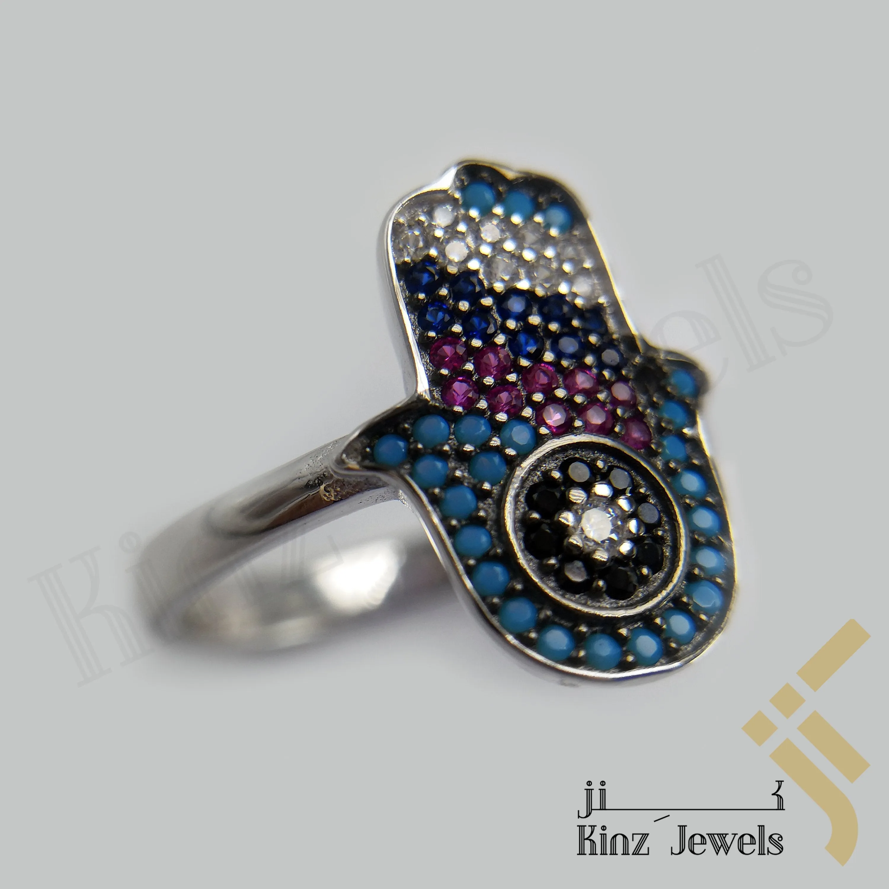 Sterling Silver Rhodium Vermeil Palm Hamsa Turquoise & Zircon Ring